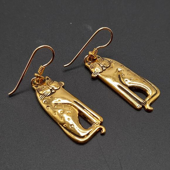 Laurel Burch Siamese Cat Earrings Gold Plated Vintage 1980s Signed Dangle - Picture 2 of 10